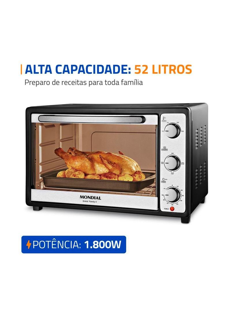 Forno elétrico mondial line grand family ii frn-52 com 52 litros – preto