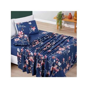 Jogo Cama Lençol Celi Queen Micropercal 200 Fios 4 Peças - Azul Marinho Floral