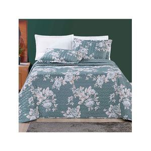 Kit Cobre Leito Colcha Celi Queen Dupla Face Micropercal 200 Fios 3 Peças - Verde Floral