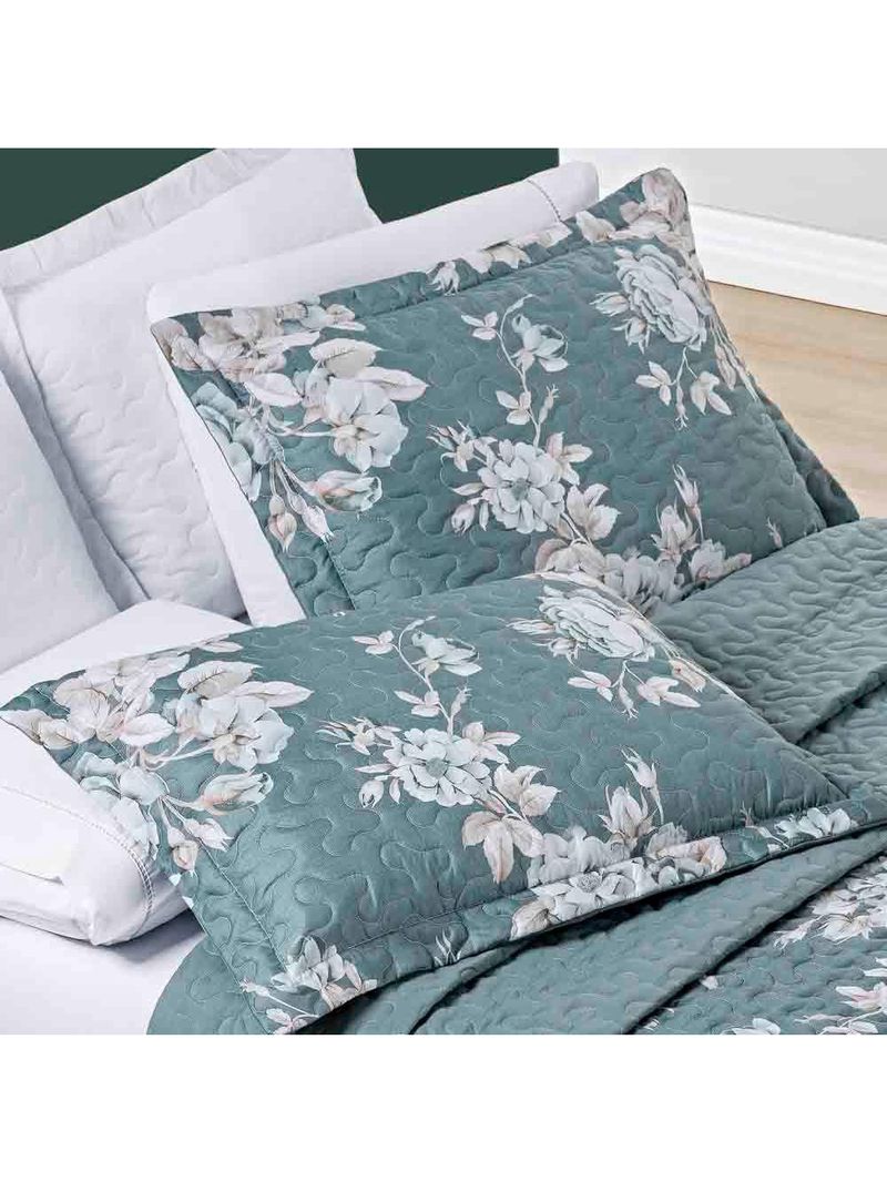 Kit Cobre Leito Colcha Celi Queen Dupla Face Micropercal 200 Fios 3 Peças - Verde Floral