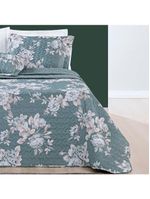 Kit Cobre Leito Colcha Celi Queen Dupla Face Micropercal 200 Fios 3 Peças - Verde Floral
