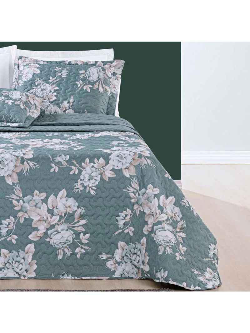 Kit Cobre Leito Colcha Celi Queen Dupla Face Micropercal 200 Fios 3 Peças - Verde Floral