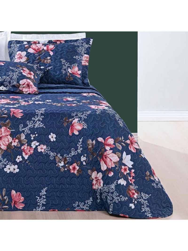 Kit Cobre Leito Colcha Celi Solteiro Dupla Face Micropercal 200 Fios 2 Peças - Azul Marinho Floral