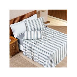 Jogo Cama Lençol Daily King Malha 100% Algodão Listrado 4 Peças - Cinza
