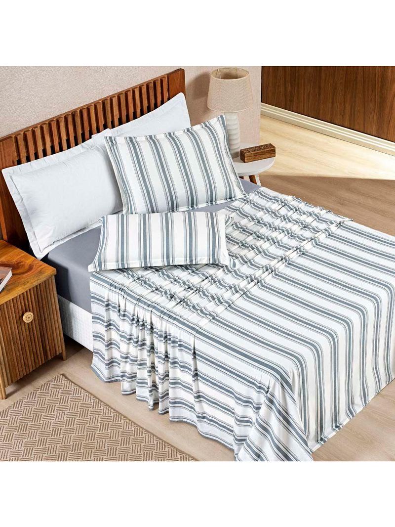 Jogo Cama Lençol Daily King Malha 100% Algodão Listrado 4 Peças - Cinza