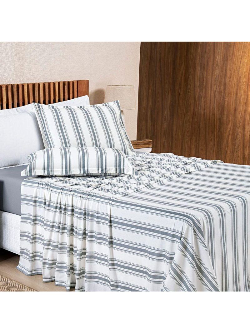 Jogo Cama Lençol Daily King Malha 100% Algodão Listrado 4 Peças - Cinza