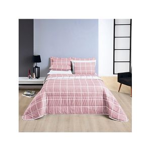 Kit Cobre Leito Colcha Brooklyn Queen Quadriculado Micropercal 200 Fios 3 Peças - Rosa