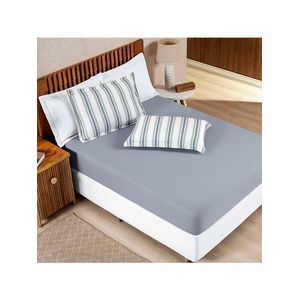 Jogo Cama Lençol Daily Queen Malha 100% Algodão Listrado 3 Peças - Cinza