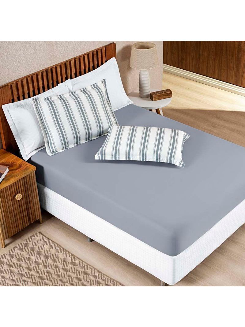 Jogo Cama Lençol Daily Queen Malha 100% Algodão Listrado 3 Peças - Cinza