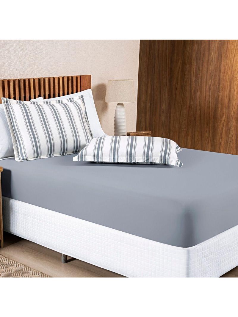 Jogo Cama Lençol Daily Queen Malha 100% Algodão Listrado 3 Peças - Cinza