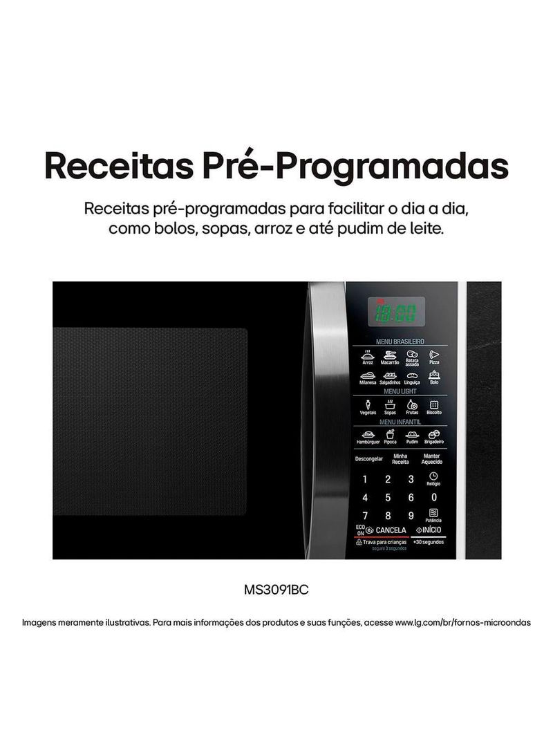 Forno de micro-ondas lg 30 litros ms3091 com função limpa fácil e descongelamento uniforme - preto e branco