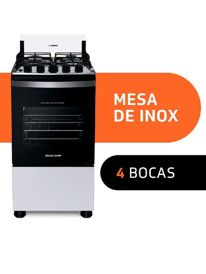 Fogão brastemp 4 bocas bfo4ebb com mesa de inox, dupla chama e grades individuais bivolt – branco