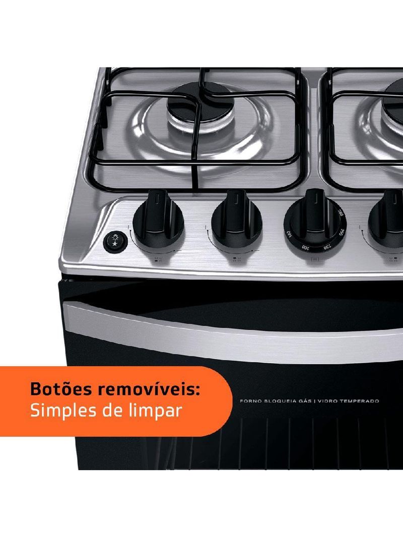 Fogão brastemp 4 bocas bfo4ebb com mesa de inox, dupla chama e grades individuais bivolt – branco