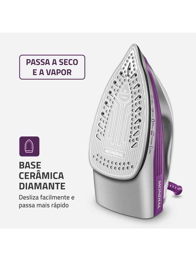 Ferro de passar a vapor mondial fvn-01-p spray e base cerâmica diamante branco/roxo