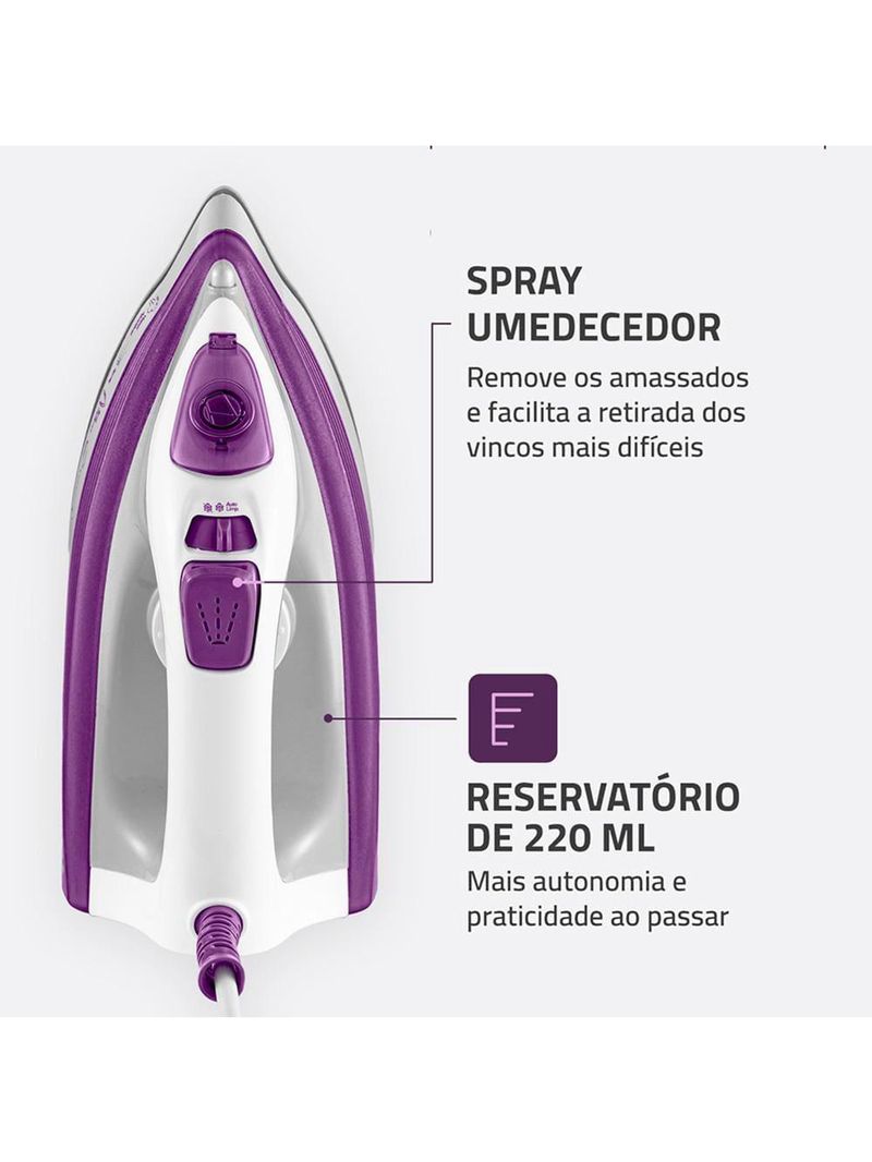 Ferro de passar a vapor mondial fvn-01-p spray e base cerâmica diamante branco/roxo