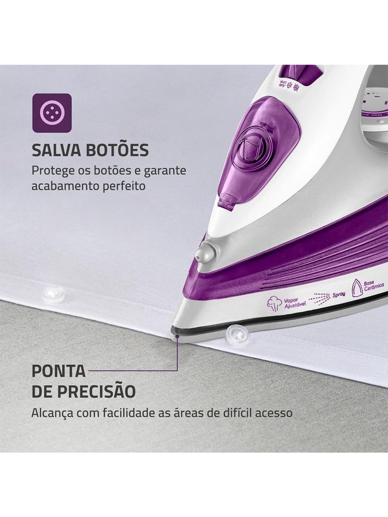 Ferro de passar a vapor mondial fvn-01-p spray e base cerâmica diamante branco/roxo