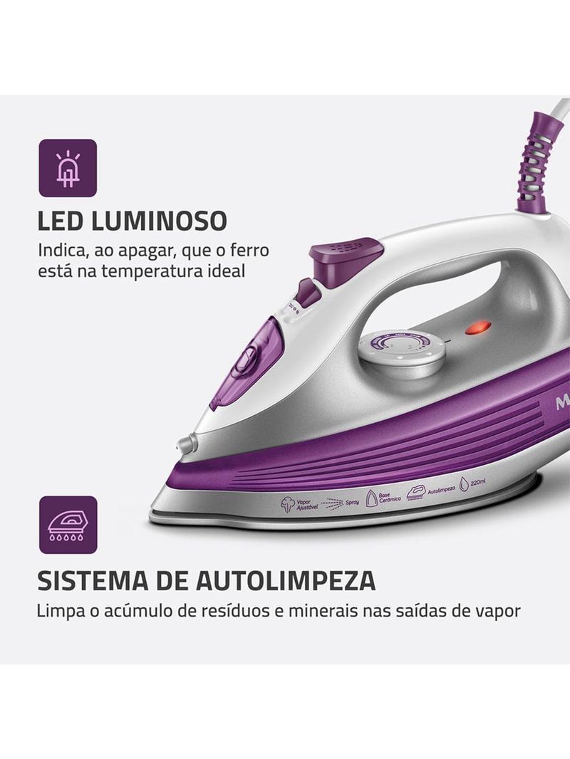 Ferro de passar a vapor mondial fvn-01-p spray e base cerâmica diamante branco/roxo