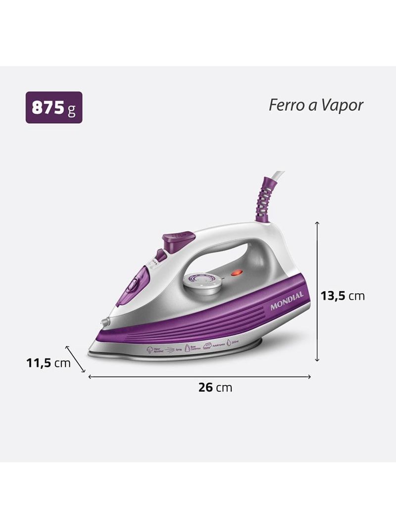 Ferro de passar a vapor mondial fvn-01-p spray e base cerâmica diamante branco/roxo