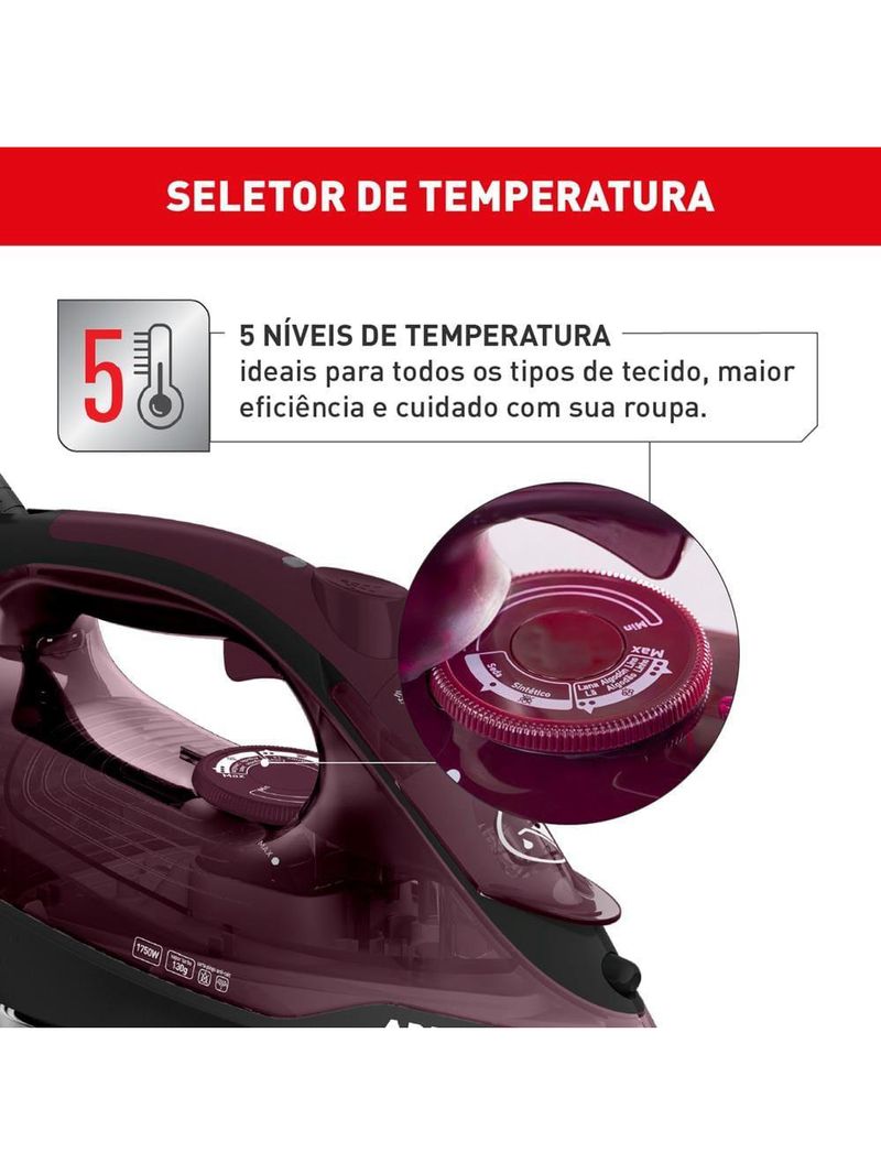 Ferro de passar a vapor arno ultragliss com spray e base durilium airglide - vinho