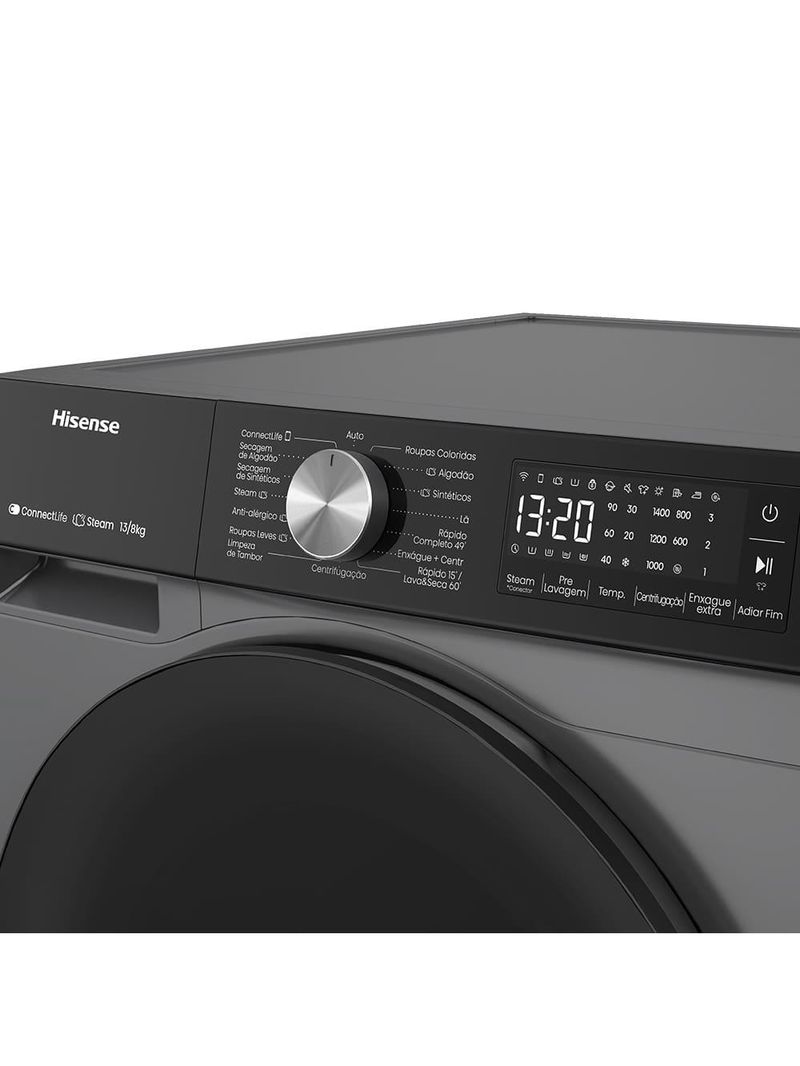 Lava e seca hisense steam wd3s13 inverter com wi-fi, 13 programas de lavagem e 3 de secagem titanium - 13kg/8kg