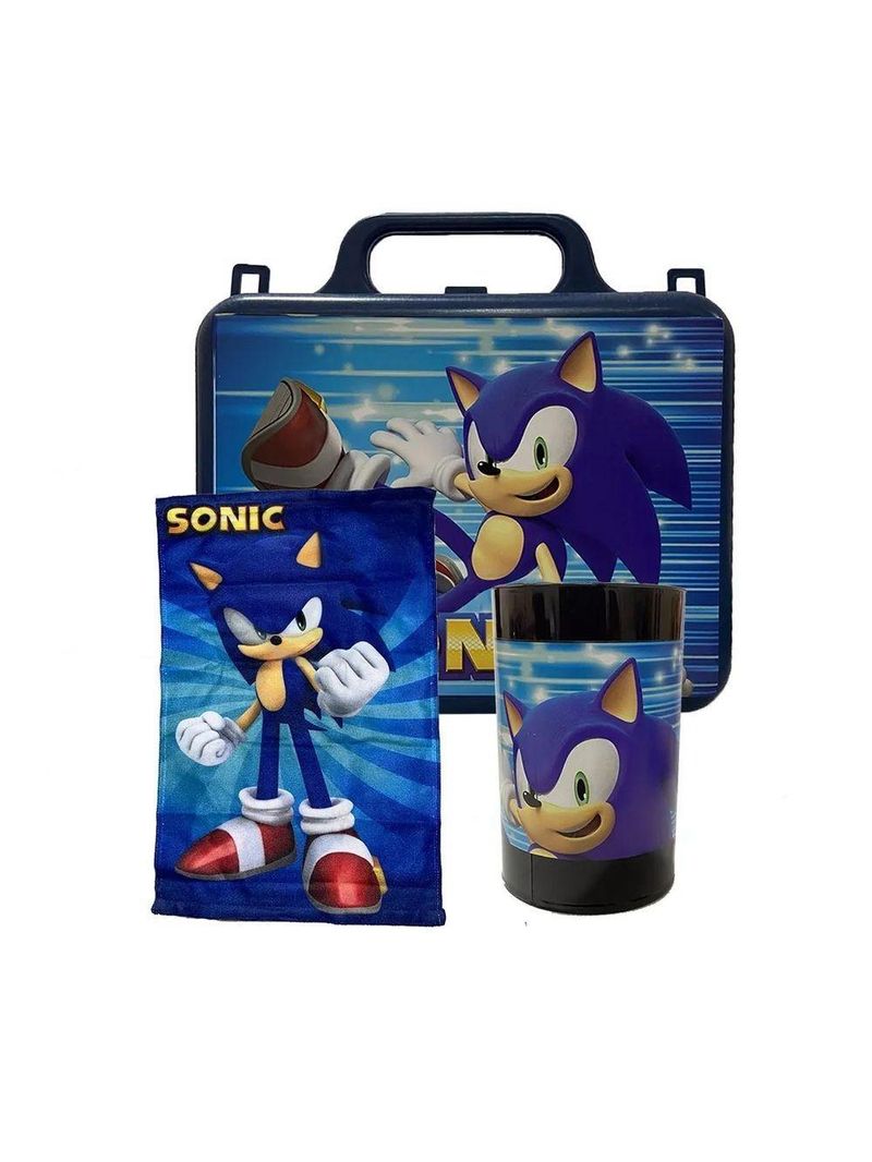 Kit Brinquedo Sonic The Hedgehog Com 1 Lancheira De Maletinha + 1 Copo + 1 Mini Toalha