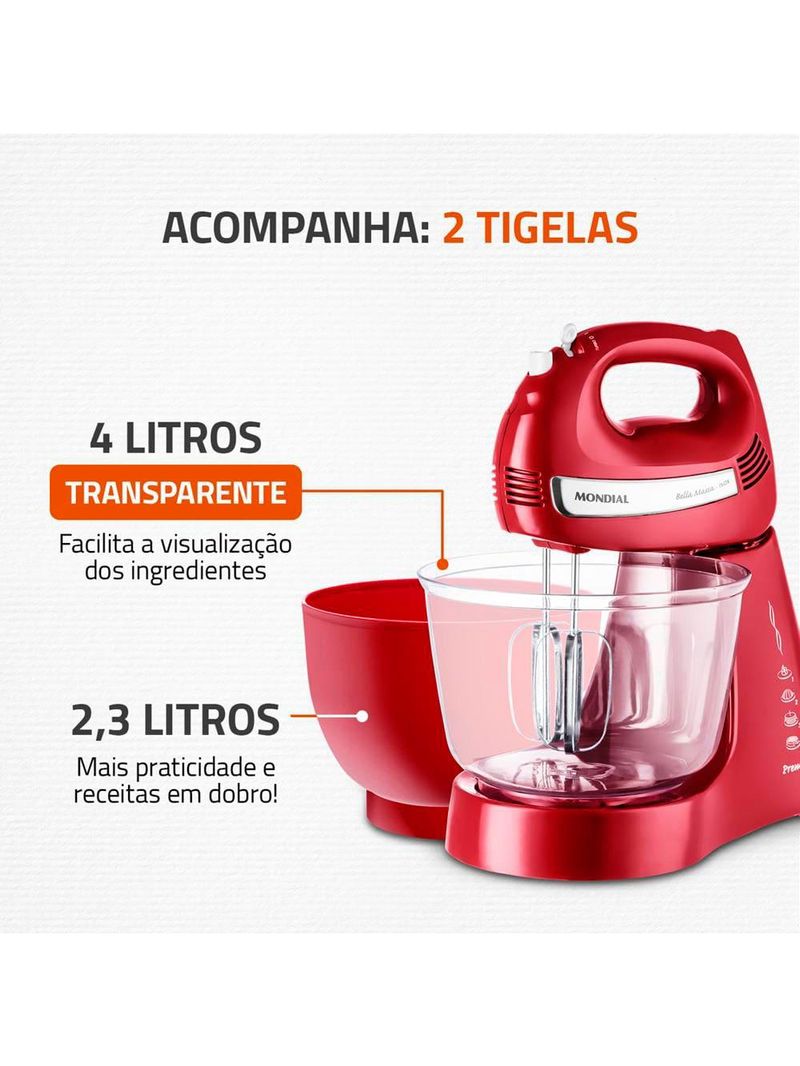 Batedeira mondial premium vermelha bella massa inox b-29 np com 4 velocidades e 500w
