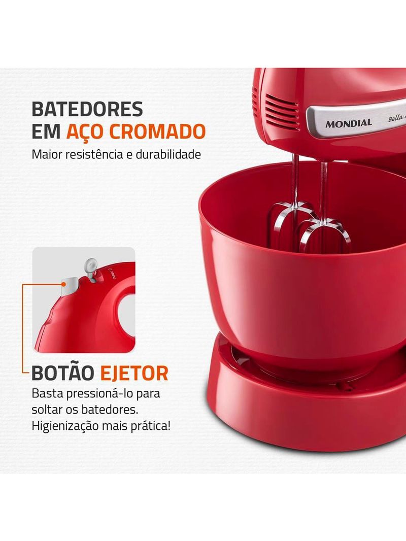 Batedeira mondial premium vermelha bella massa inox b-29 np com 4 velocidades e 500w