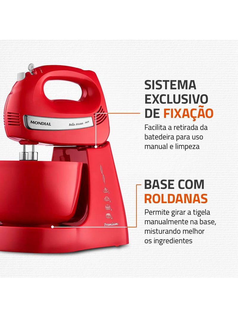 Batedeira mondial premium vermelha bella massa inox b-29 np com 4 velocidades e 500w