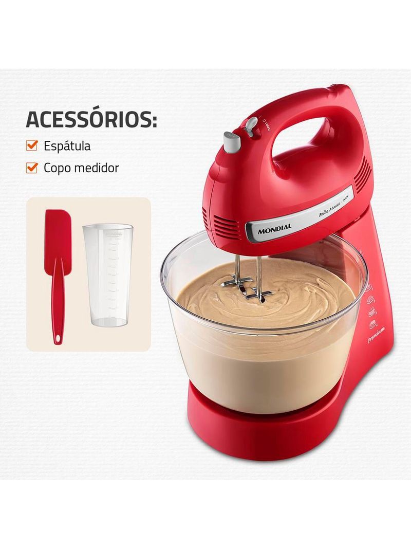 Batedeira mondial premium vermelha bella massa inox b-29 np com 4 velocidades e 500w