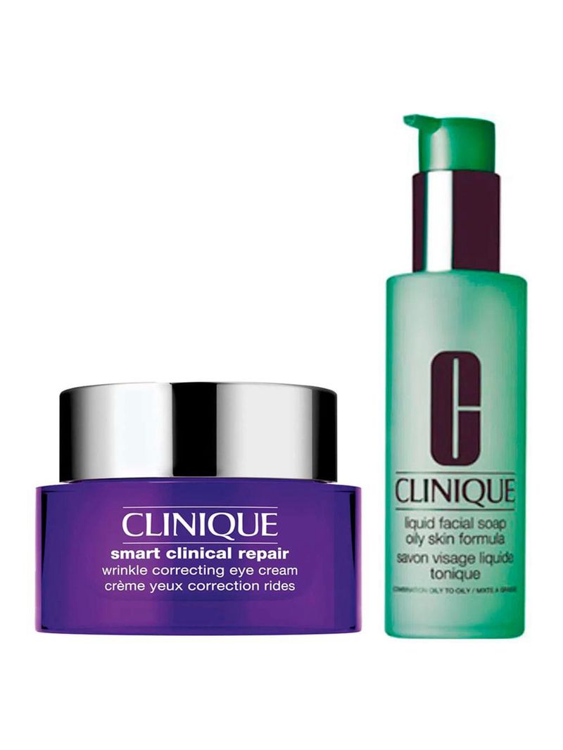 Clinique sabonete líquido + anti-idade para olhos kit - liquid facial soap oily skin + smart custom repair eye treatment