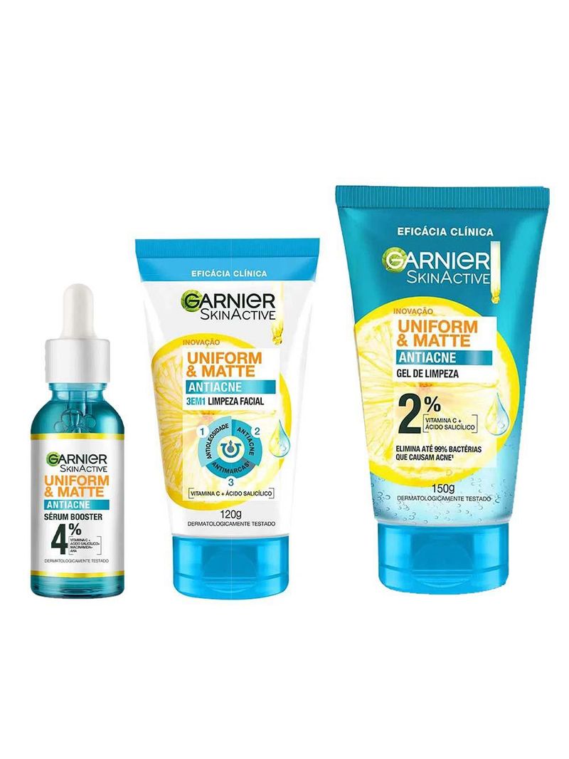 Garnier skin uniform & matte kit - sérum facial + sabonete facial 3 em 1 + gel de limpeza facial
