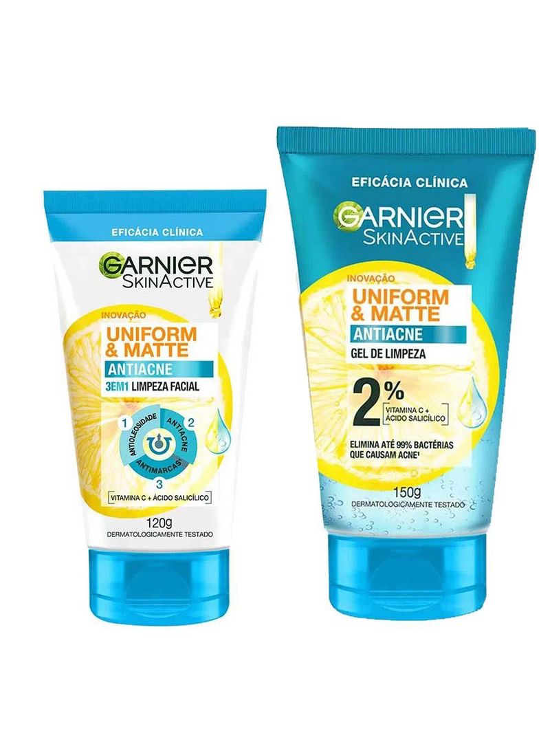 Garnier skin uniform & matte kit - sabonete facial 3 em 1 + gel de limpeza facial