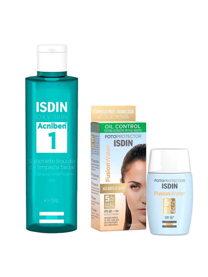 Isdin kit - sabonete líquido facial acniben + protetor solar facial fusion water 5 stars fps60