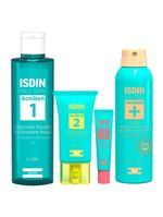 Isdin kit – sabonete líquido facial + gel creme facial + spray corporal antiacne + gel secativo para espinhas
