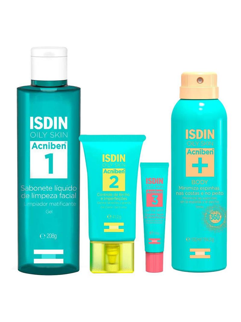 Isdin kit – sabonete líquido facial + gel creme facial + spray corporal antiacne + gel secativo para espinhas