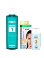 Isdin kit - sabonete líquido facial acniben + protetor solar facial fusion water 5 stars fps60