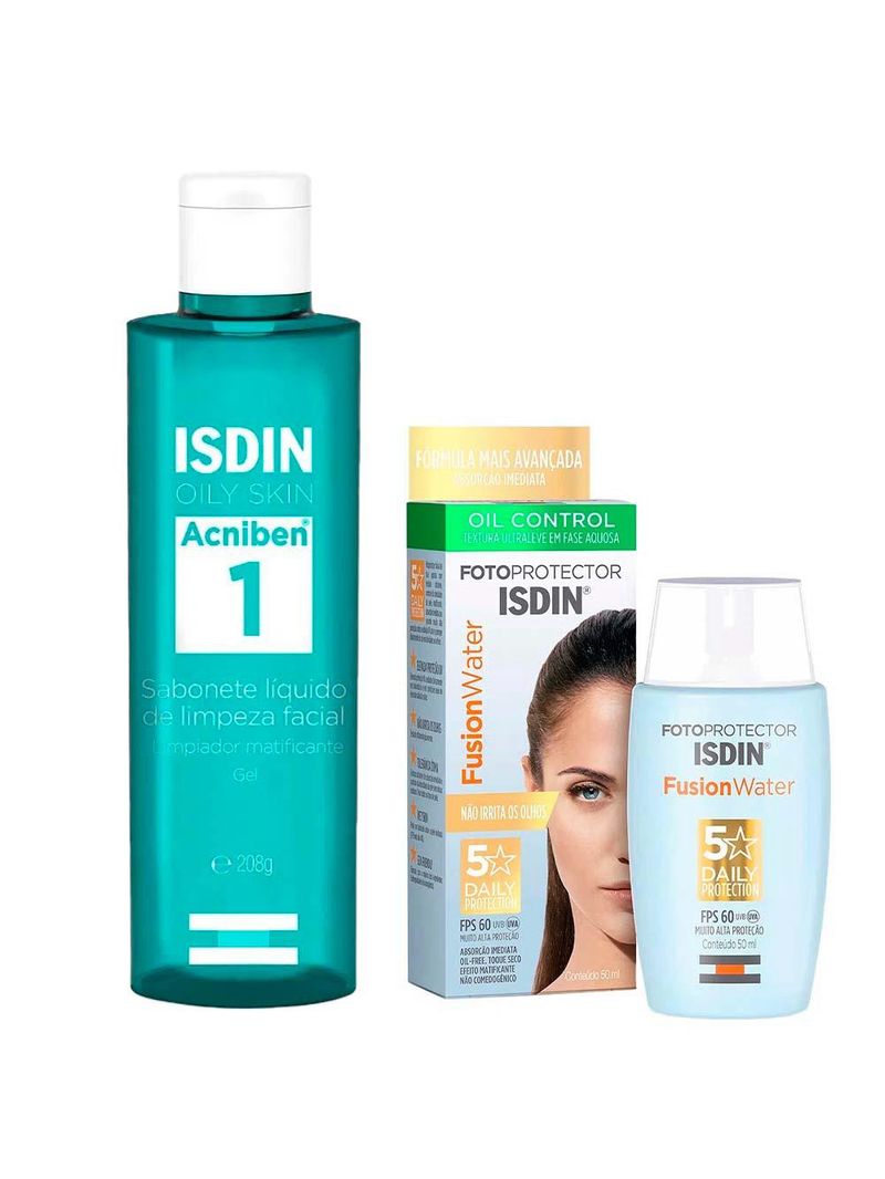 Isdin kit - sabonete líquido facial acniben + protetor solar facial fusion water 5 stars fps60