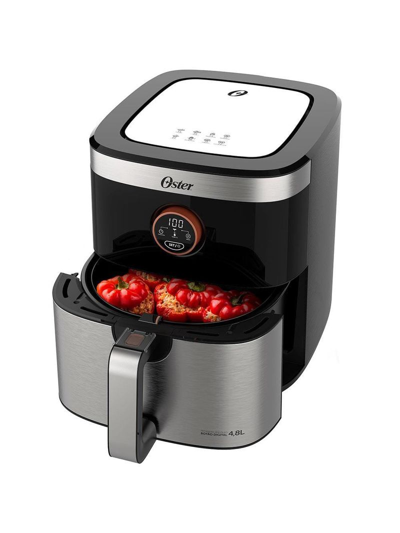 Fritadeira elétrica sem Óleo air fryer 2 em 1 oster ofrt660 4,8l com função desidratar – black inox