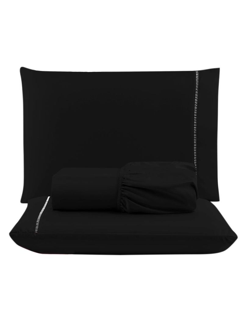 Jogo cama lençol unique queen micro percal 400 fios ponto palito 3 peças - preto