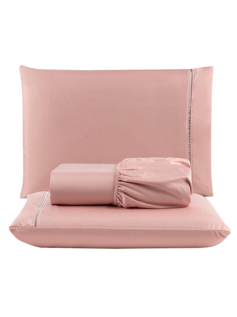 Jogo cama lençol unique queen micro percal 400 fios ponto palito 3 peças - rosê