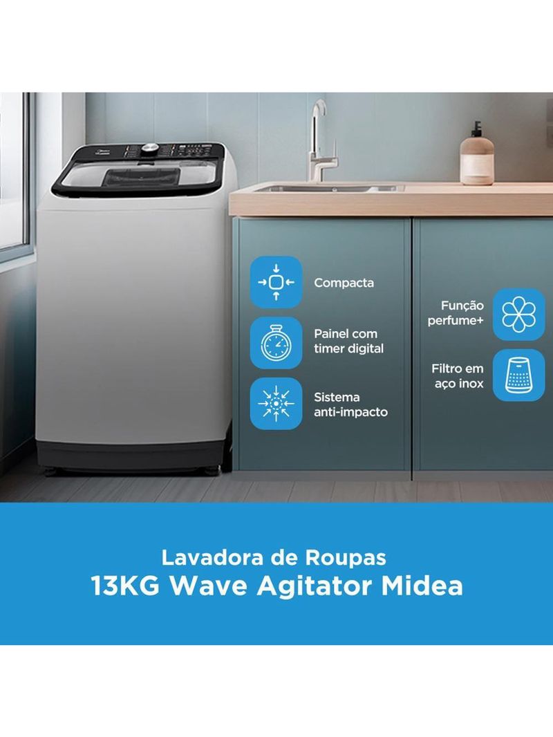 Lavadora de roupas midea wave agitator 13kg ma512w130a com timer digital, filtro de fiapos, função perfume+ e sistema power mix dispenser - branca
