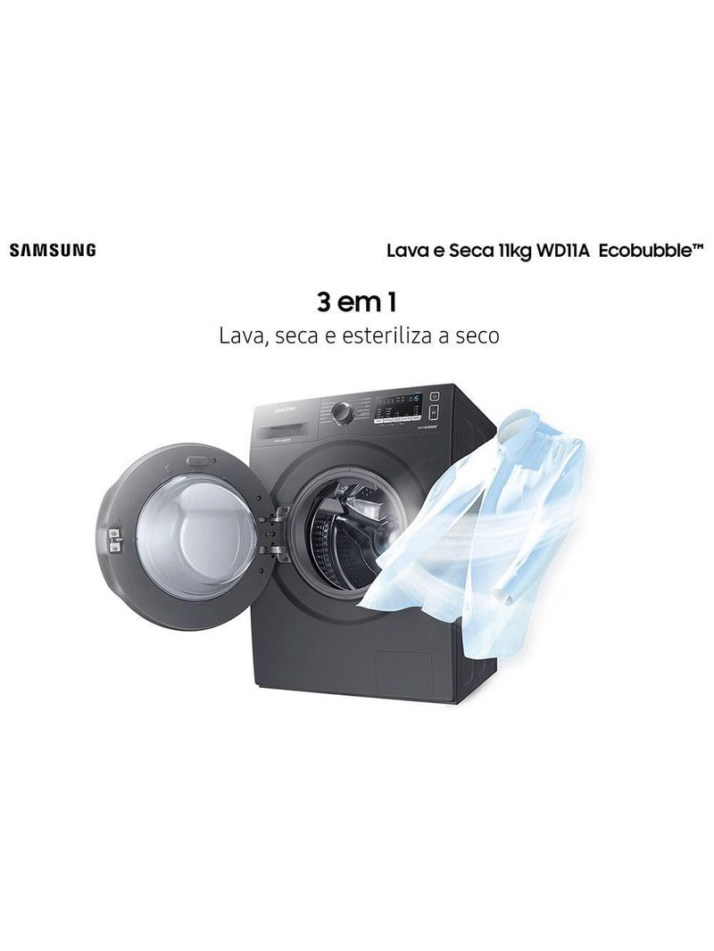 Lava e seca samsung wd11a 3 em 1 inox look com ecobubble e lavagem a seco wd11a4453bx – 11 kg