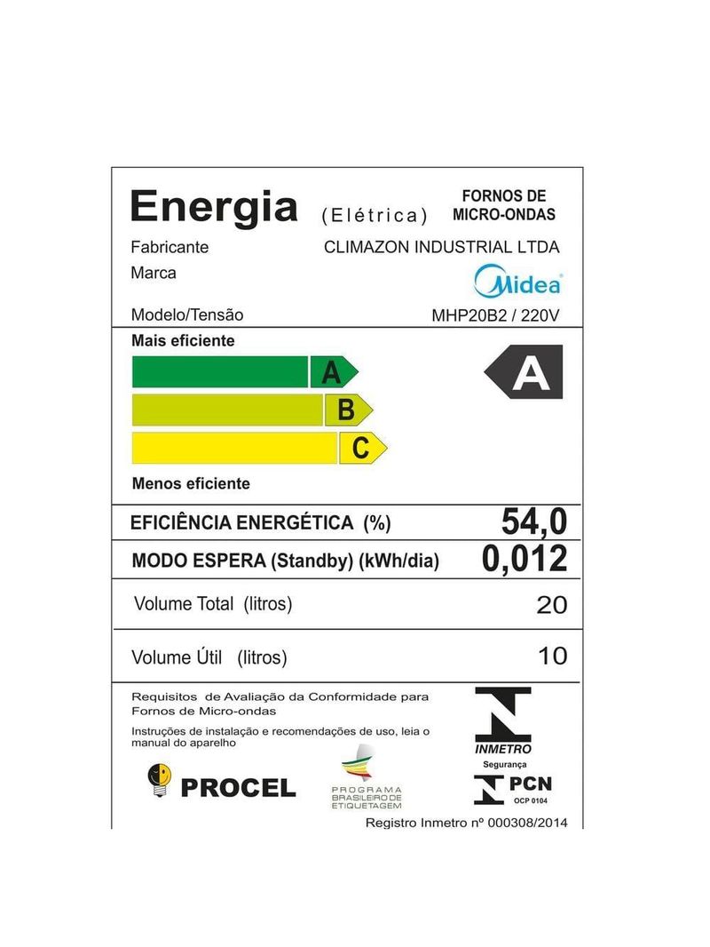 Micro-ondas midea mhp20b mastercook 20l 1050w painel touch branco