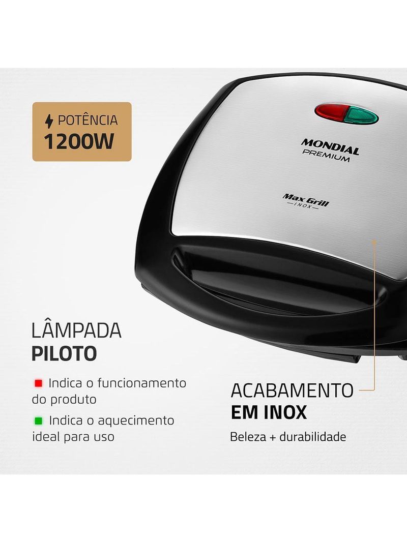 Grill mondial premium max grill g-07 com espátula e bandeja coletora - preto/inox