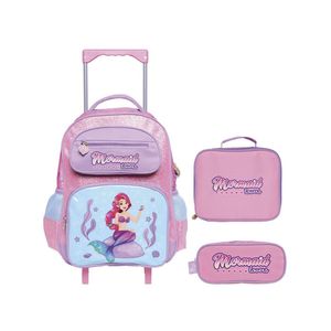 Kit Mochila Rodinha Lancheira Estojo Infantil Escolar Menina Ariel Pequena Sereia Mermaid Yins