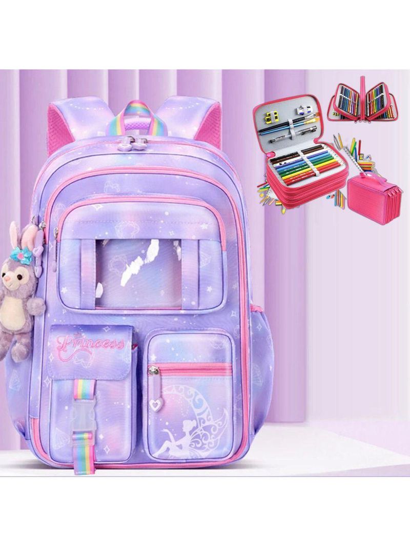 Kit Mochila Escolar Infantil Grande Capacidade Mais Estojo Escolar Grande Com 4 Compartimento pink