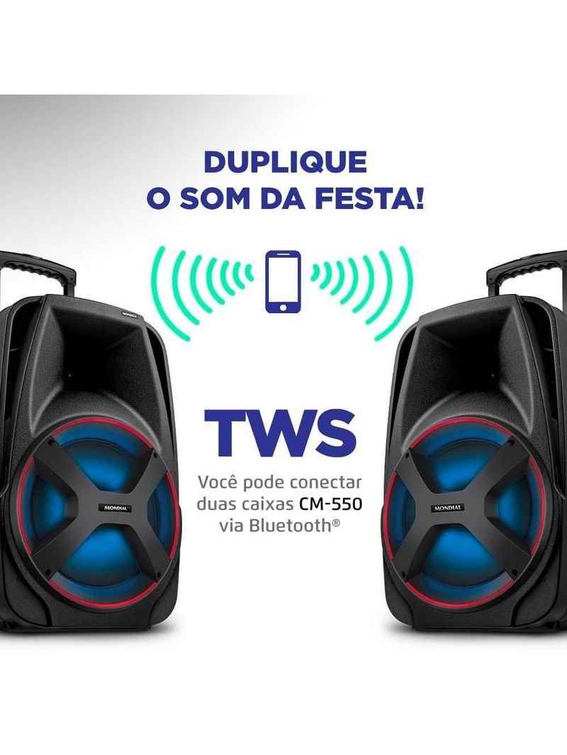Caixa amplificada mondial cm-550 com bluetooth, usb rádio fm e função tws - 550w