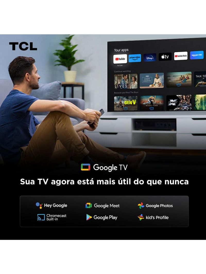 Smart tv 65” tcl qled 4k ultra hd 65p7k com sistema operacional google tv, hdr10+, hdmi 21, chromecast built-in, dolby vision e atmos