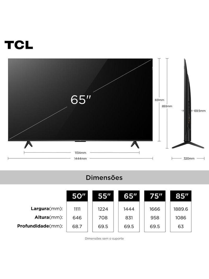 Smart tv 65” tcl qled 4k ultra hd 65p7k com sistema operacional google tv, hdr10+, hdmi 21, chromecast built-in, dolby vision e atmos