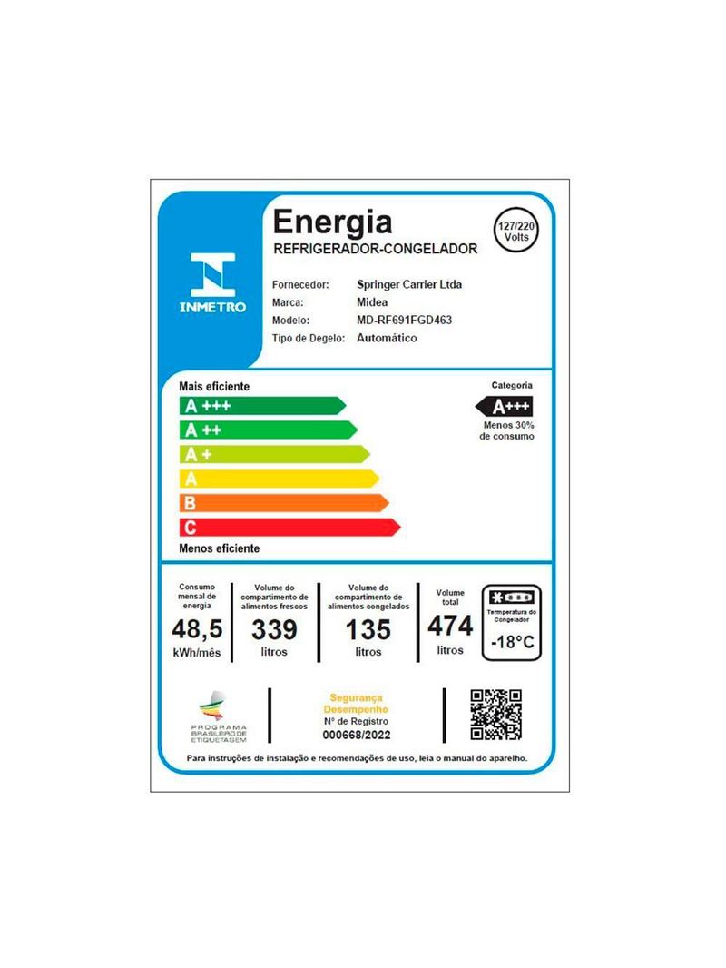 Geladeira midea french door frost free md-rf691fgd463 com tecnologia inverter smart bivolt inox - 474l